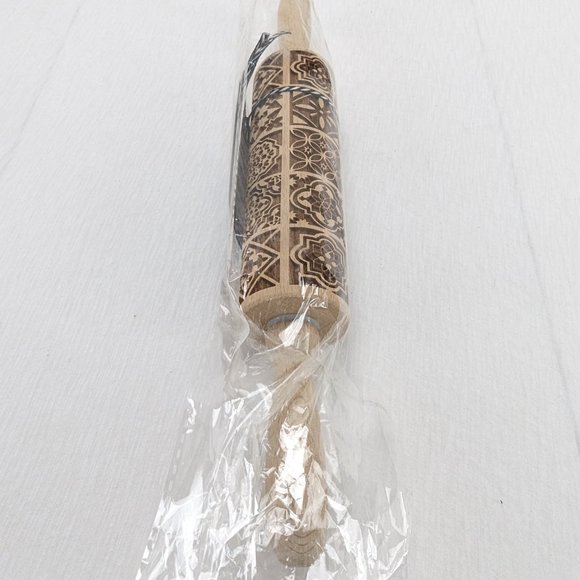 Gia Roma Beech Wood Rolling Pin & Cookie Cutter Boho Squares Handmade New - Picture 7 of 8